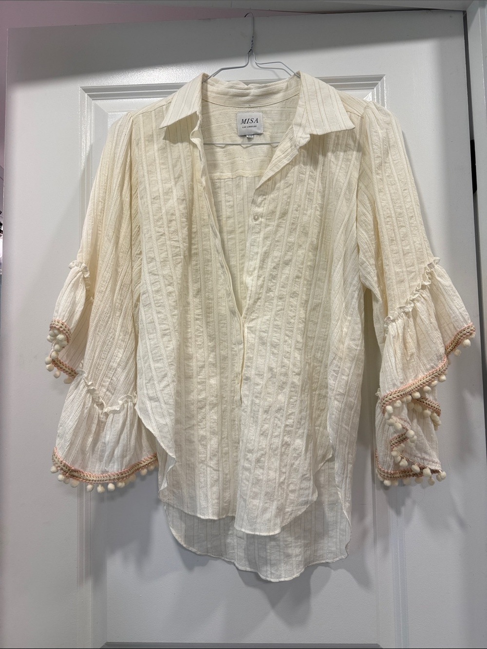Misa Los Angeles Cream Textured Ruffle-Sleeve Blouse with Pom-Pom Trim